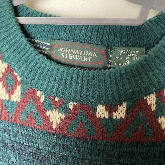 VTG Johnathan Stewart Sweater Men XL Green Blue Fair Isle Grandpa Grunge 90's - Picture 3 of 7